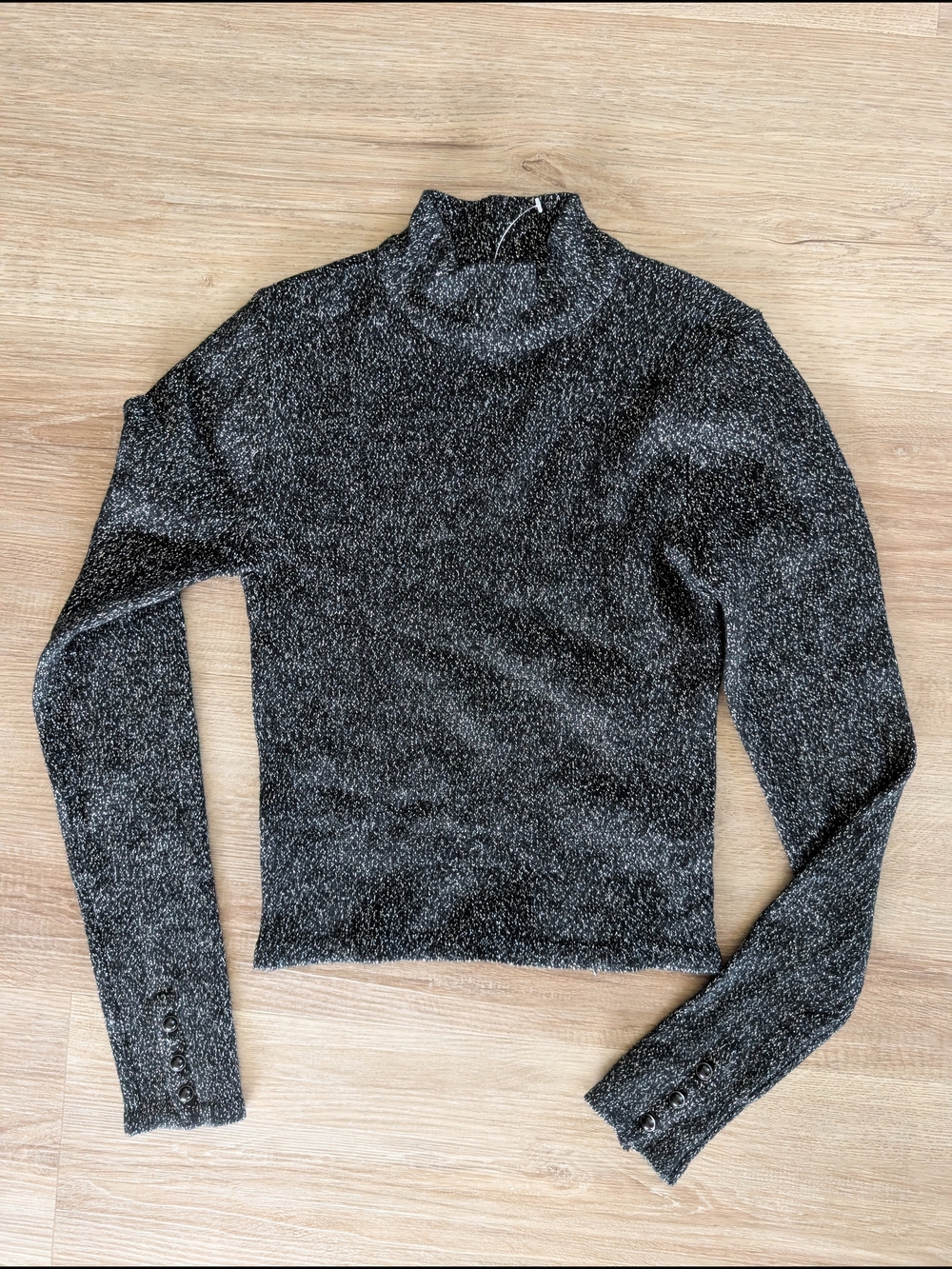 Sparkle Metallic Mock Neck Long Sleeve Top - Black/Silver